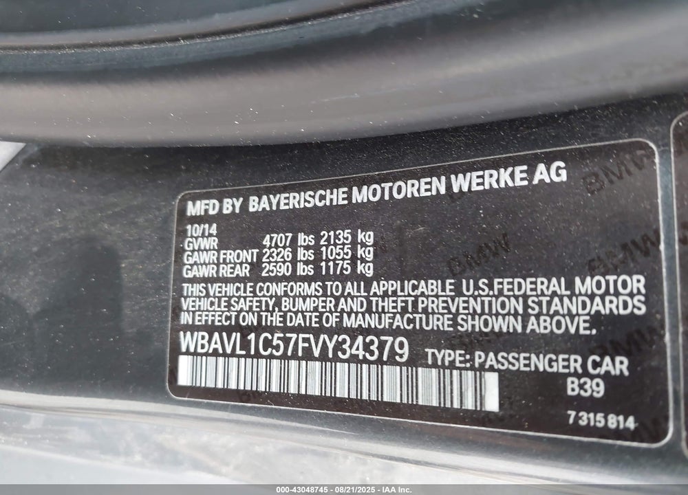 2015 BMW X1 VIN: WBAVL1C57FVY34379