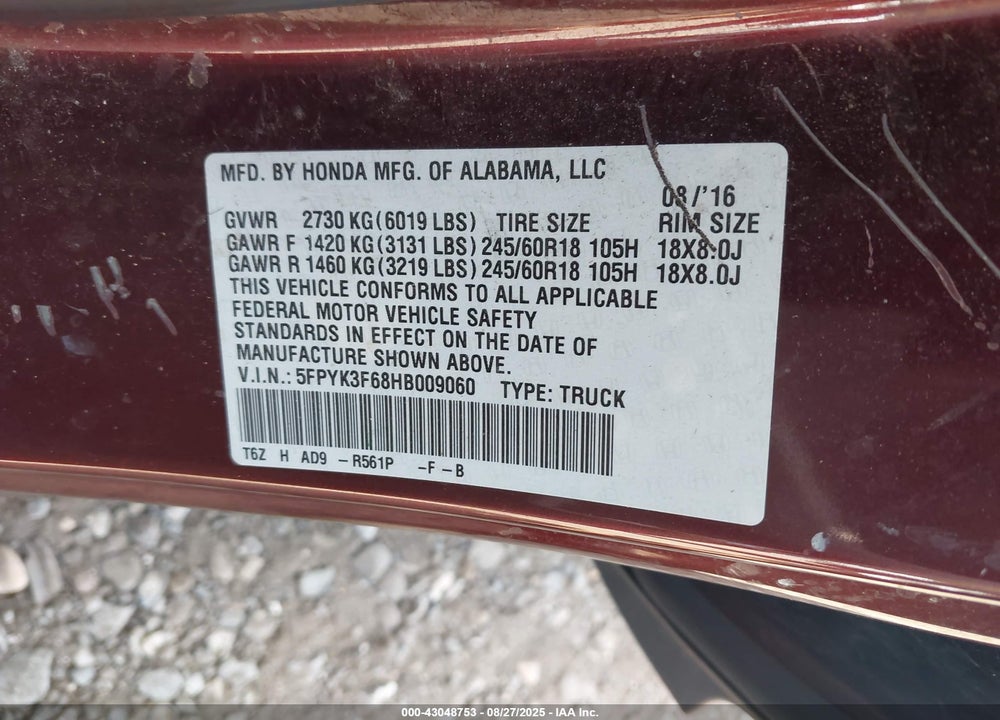 2017 HONDA RIDGELINE VIN: 5FPYK3F68HB009060