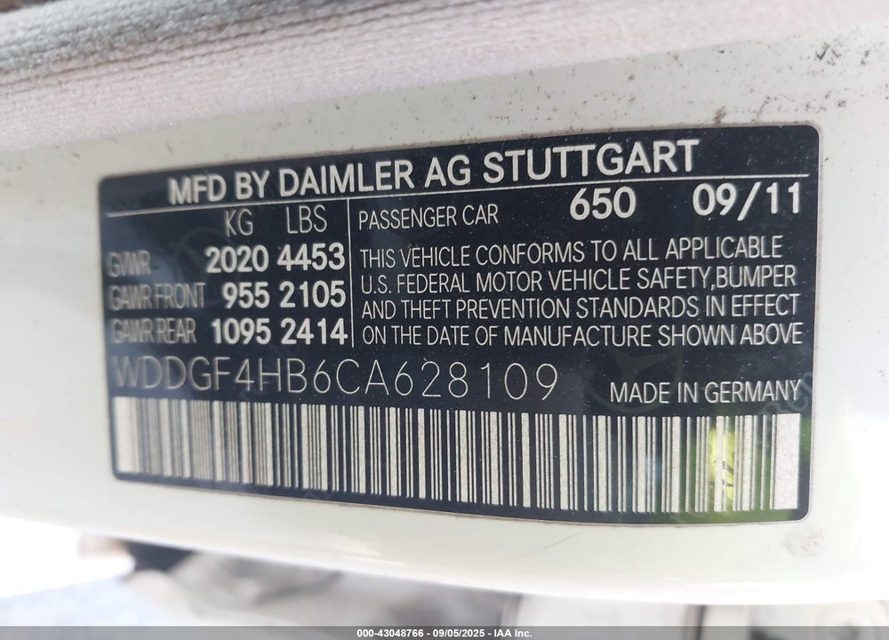 2012 MERCEDES-BENZ C CLASS VIN: WDDGF4HB6CA628109