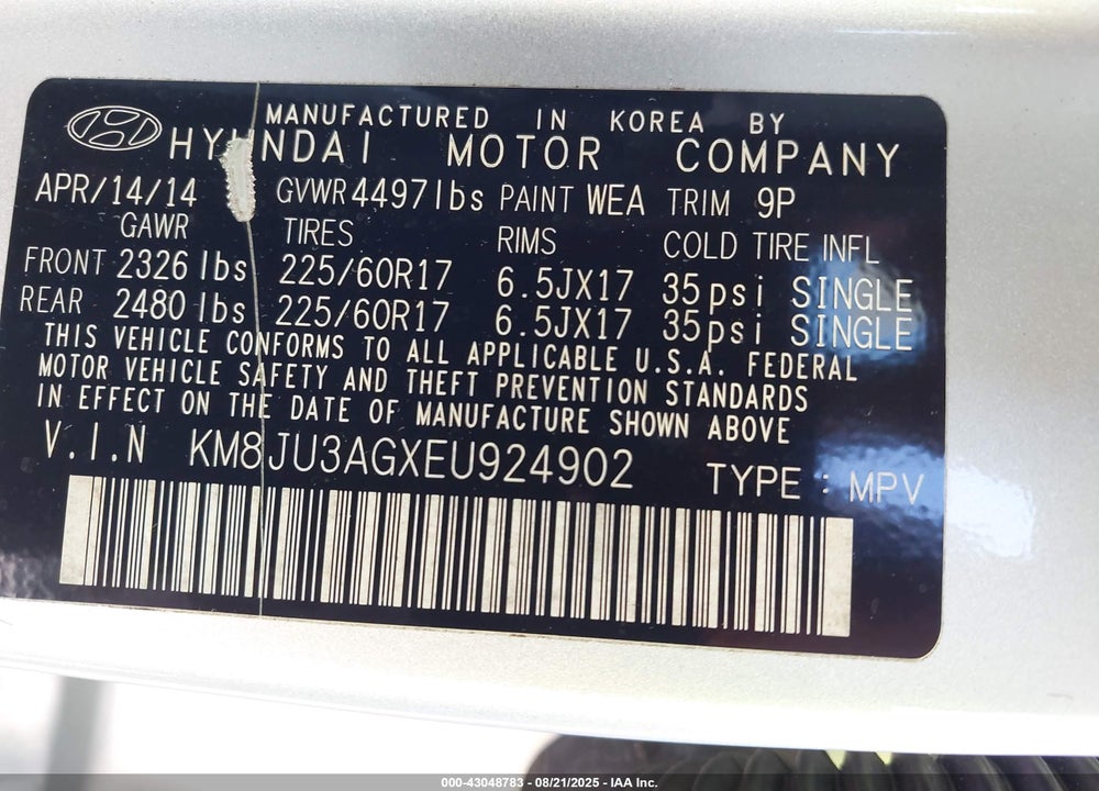 2014 HYUNDAI TUCSON SE VIN: KM8JU3AGXEU924902