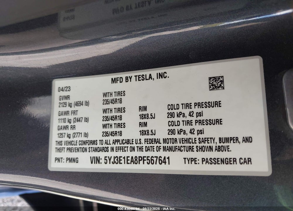2023 TESLA MODEL 3 VIN: 5YJ3E1EA8PF567641