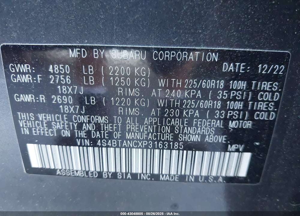 2023 SUBARU OUTBACK VIN: 4S4BTANCXP3163185