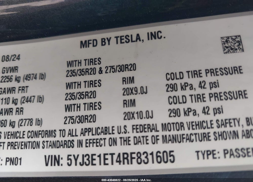 2024 TESLA MODEL 3 VIN: 5YJ3E1ET4RF831605