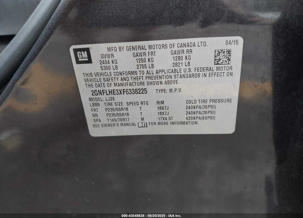 2015 CHEVROLET EQUINOX LTZ VIN: 2GNFLHE3XF6338225