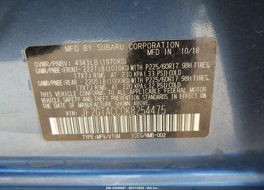 2019 SUBARU CROSSTREK VIN: JF2GTACC0K8254475