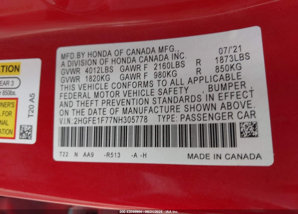 2022 HONDA CIVIC EX VIN: 2HGFE1F77NH305778