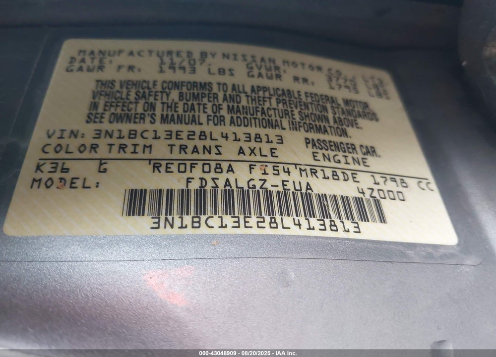 2008 NISSAN VERSA VIN: 3N1BC13E28L413813
