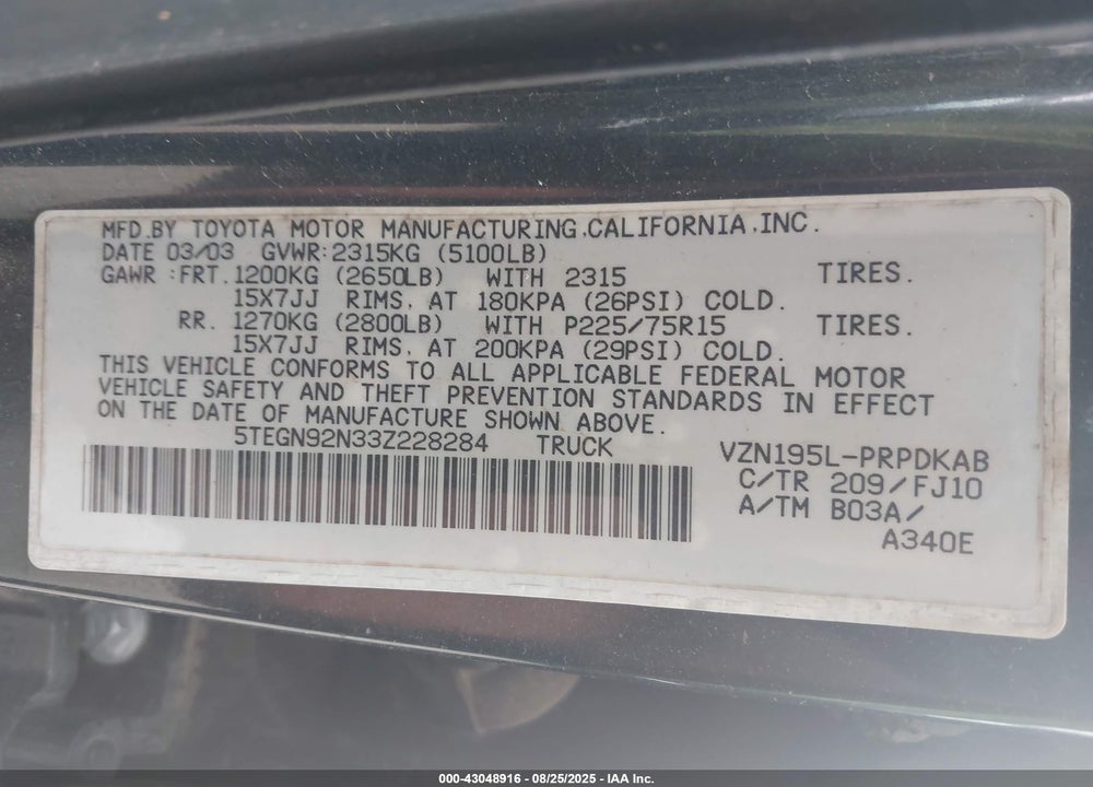 2003 TOYOTA TACOMA PRERUNNER V6 VIN: 5TEGN92N33Z228284