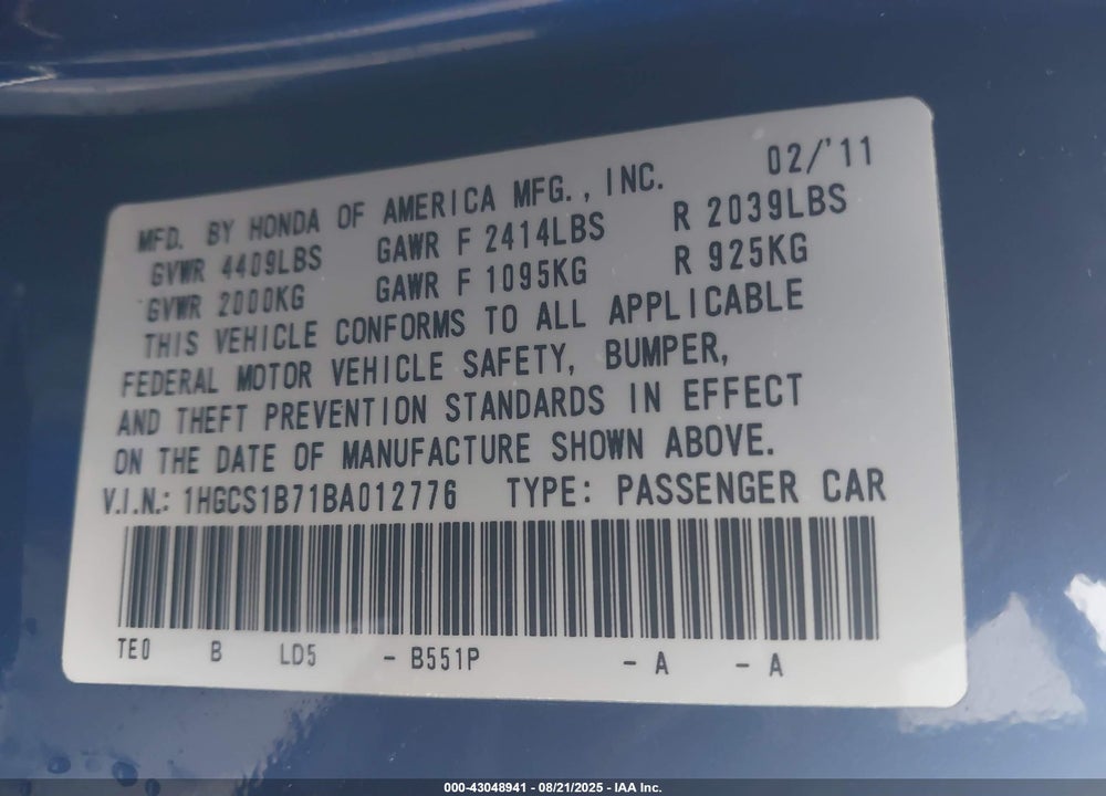 2011 HONDA ACCORD 2.4 EX VIN: 1HGCS1B71BA012776