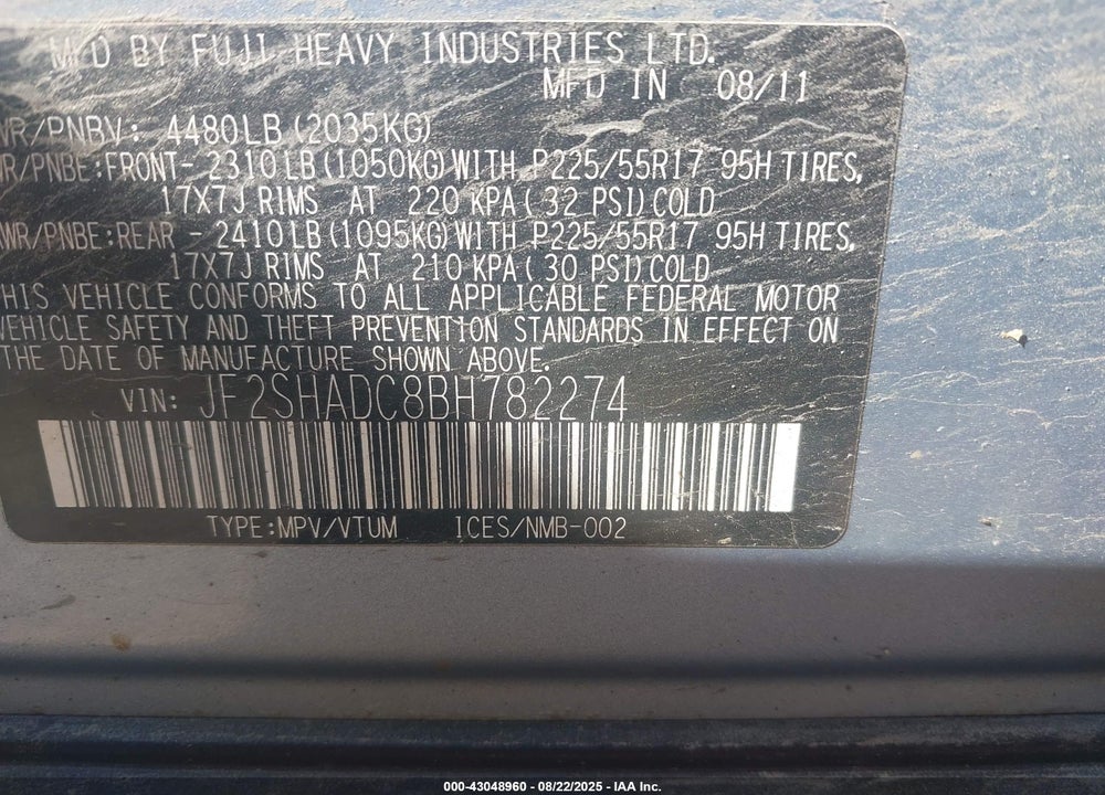 2011 SUBARU FORESTER VIN: JF2SHADC8BH782274