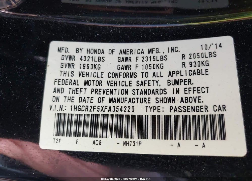 2015 HONDA ACCORD VIN: 1HGCR2F5XFA054220