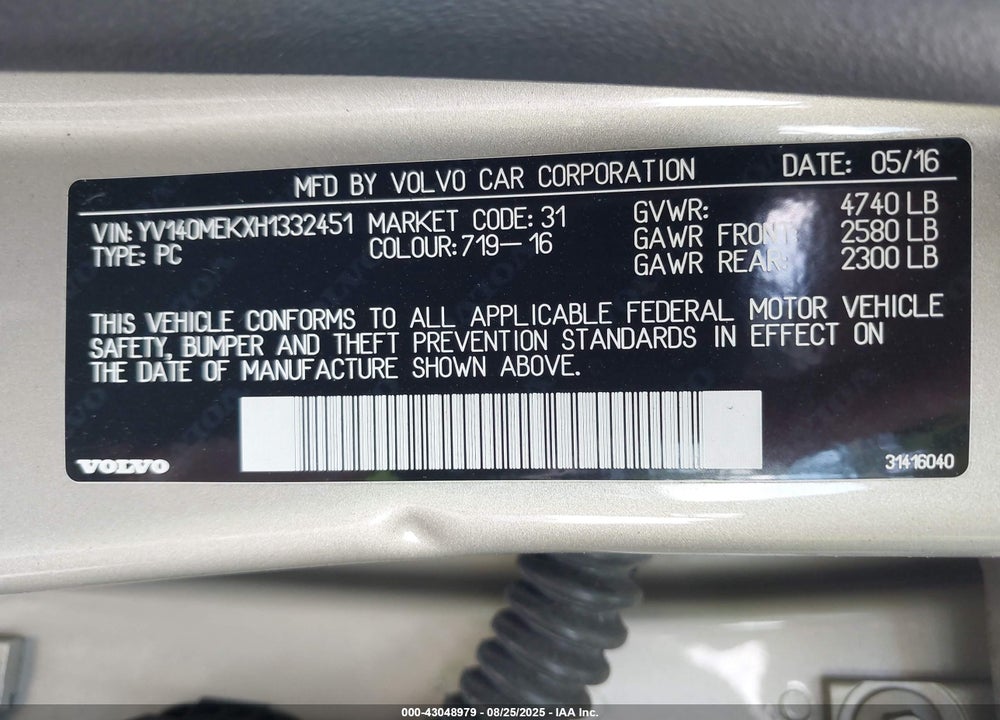 2017 VOLVO V60 VIN: YV140MEKXH1332451