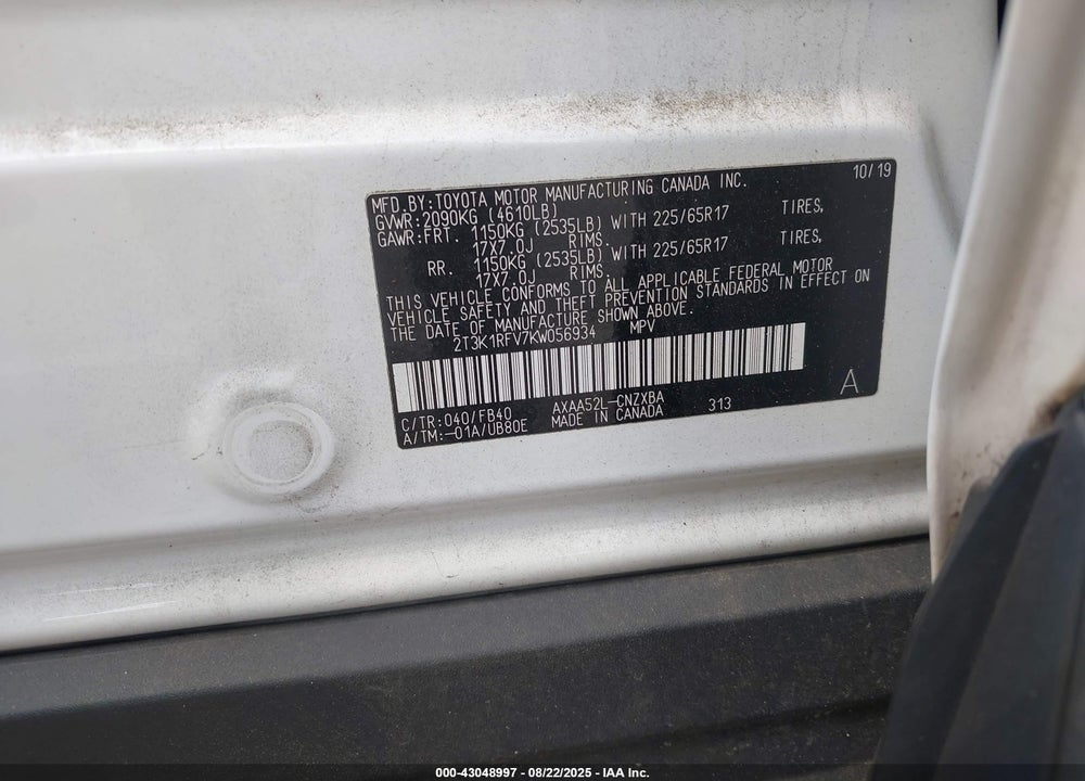 2019 TOYOTA RAV4 LE VIN: 2T3K1RFV7KW056934