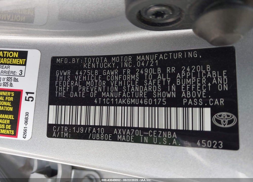 2021 TOYOTA CAMRY VIN: 4T1C11AK6MU460175