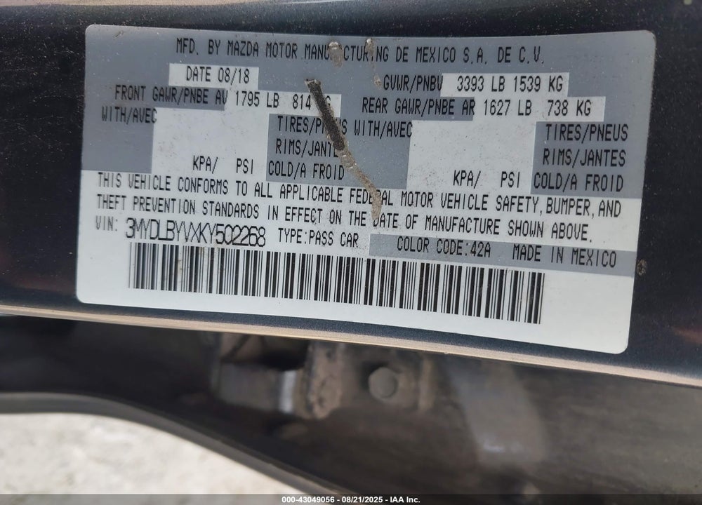 2019 TOYOTA YARIS VIN: 3MYDLBYVXKY502268