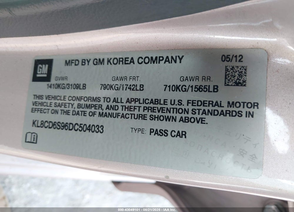 2013 CHEVROLET SPARK VIN: KL8CD6S96DC504033