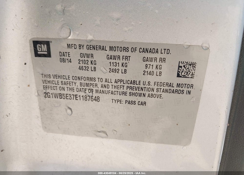2014 CHEVROLET IMPALA LIMITED LT VIN: 2G1WB5E37E1187648