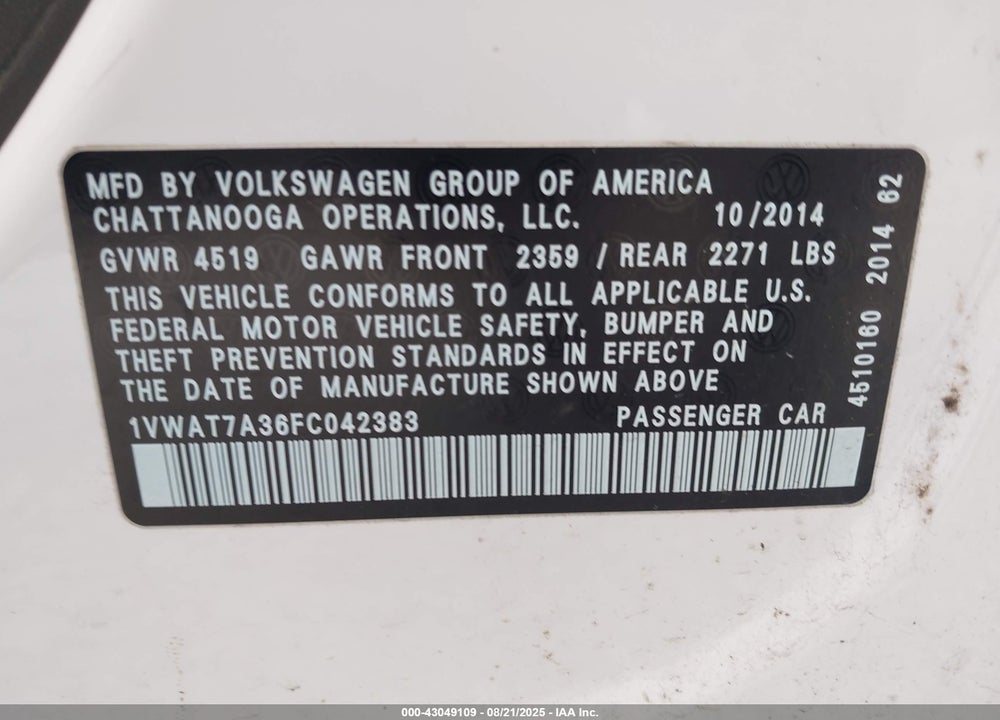 2015 VOLKSWAGEN PASSAT VIN: 1VWAT7A36FC042383