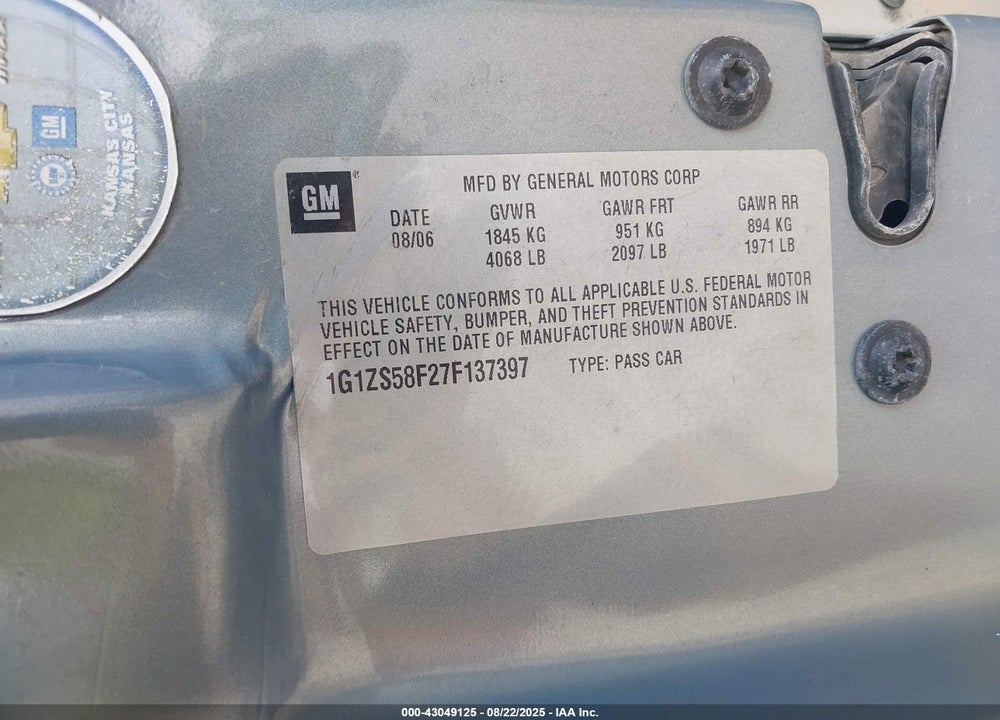 2007 CHEVROLET MALIBU LS VIN: 1G1ZS58F27F137397