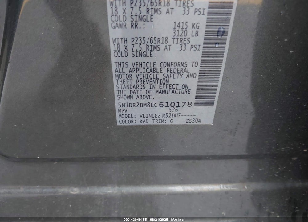2020 NISSAN PATHFINDER SV 4WD VIN: 5N1DR2BM8LC610178