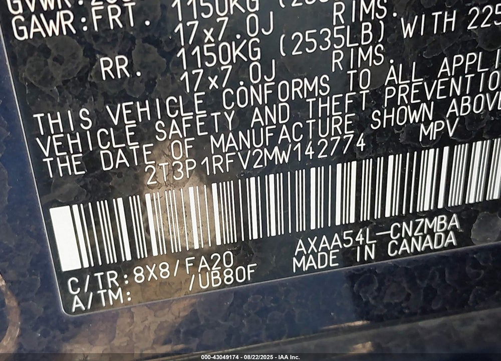 2021 TOYOTA RAV4 VIN: 2T3P1RFV2MW142774