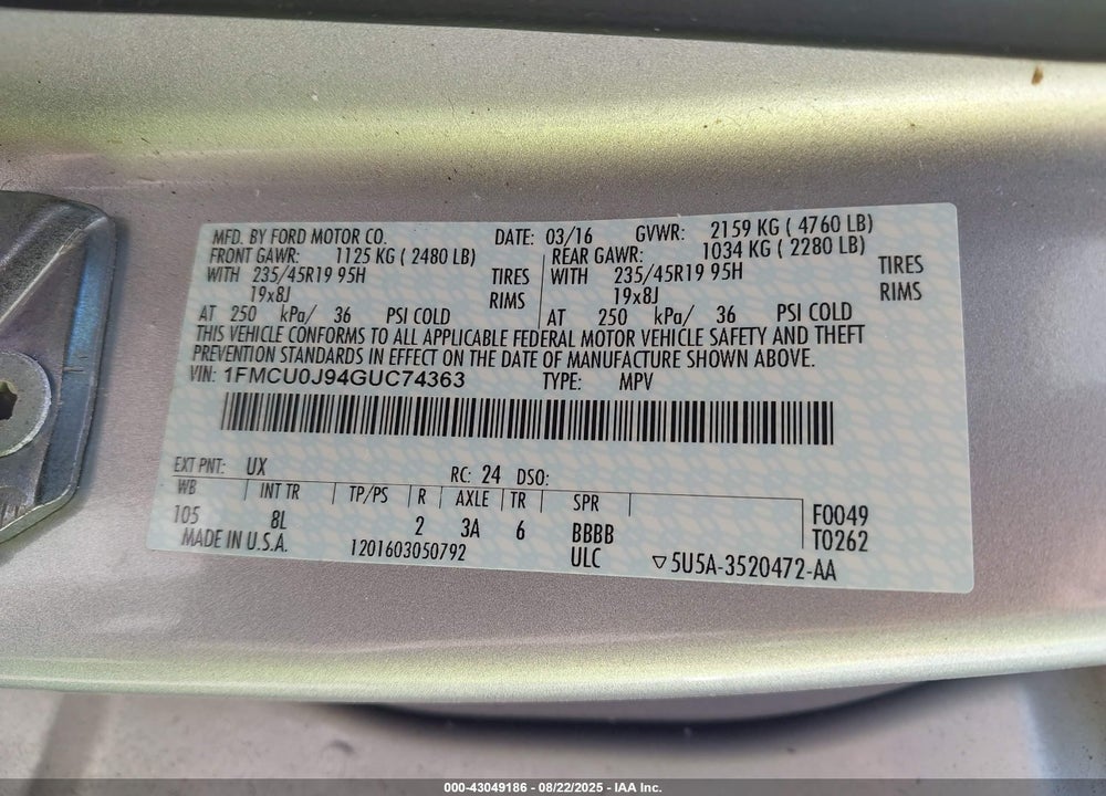 2016 FORD ESCAPE VIN: 1FMCU0J94GUC74363
