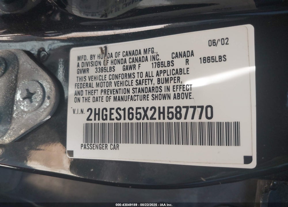 2002 HONDA CIVIC LX VIN: 2HGES165X2H587770