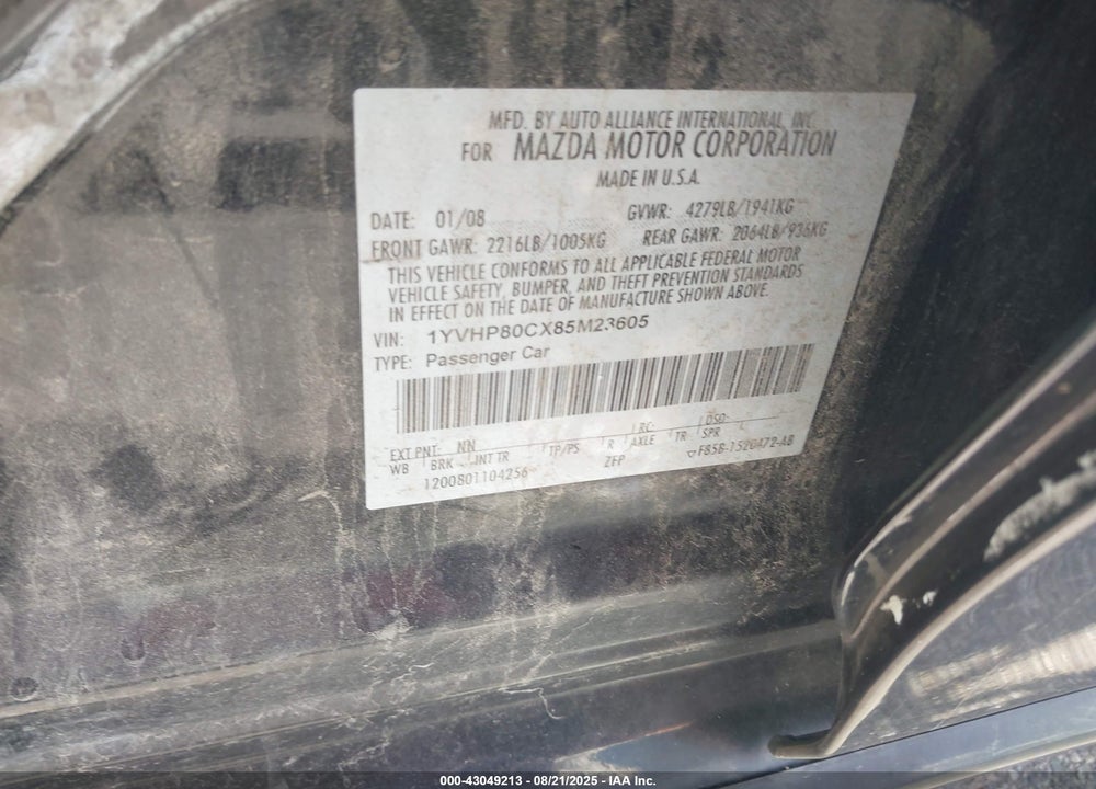 2008 MAZDA 6 I SPORT VE VIN: 1YVHP80CX85M23605