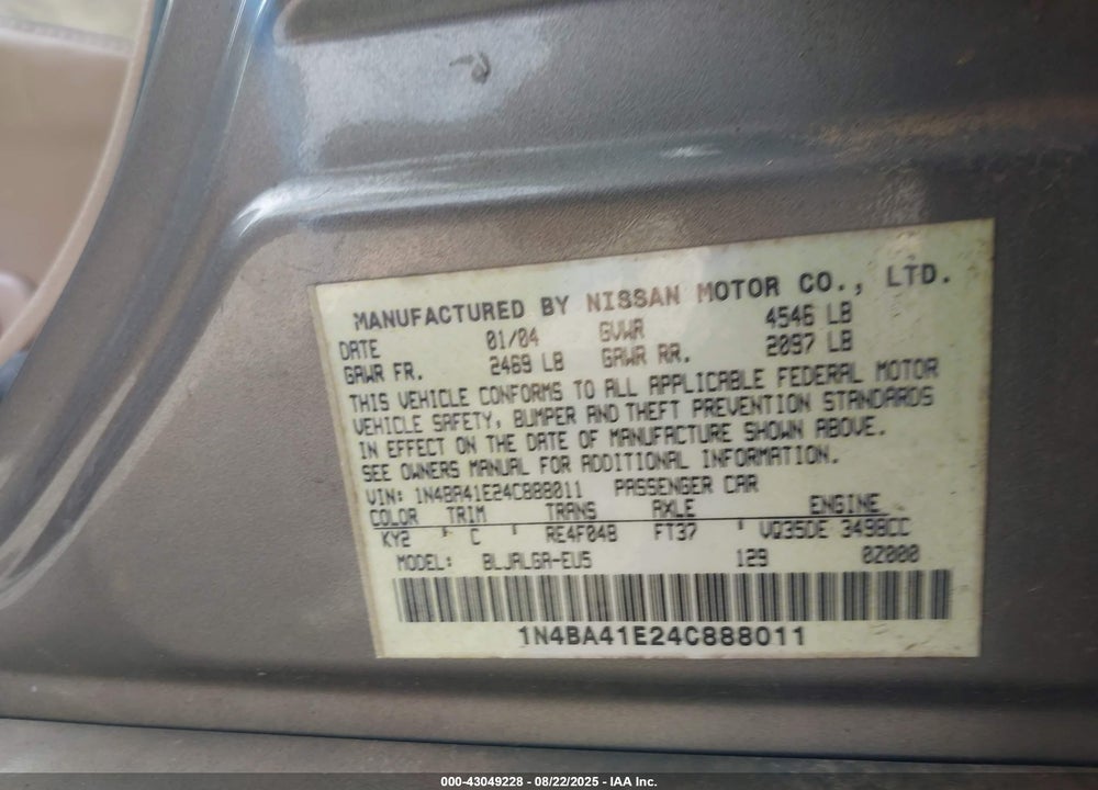 2004 NISSAN MAXIMA 3.5 SL VIN: 1N4BA41E24C888011