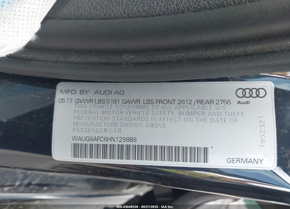 2017 AUDI A6 2.0T PREMIUM VIN: WAUG8AFC6HN129886