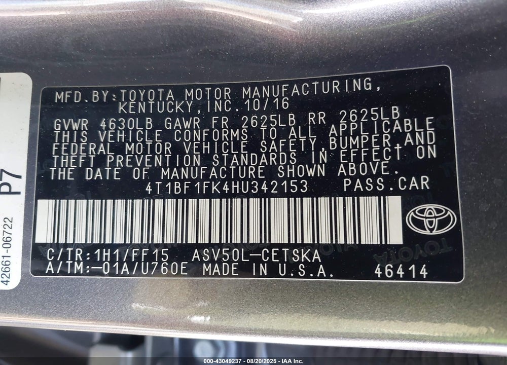 2017 TOYOTA CAMRY VIN: 4T1BF1FK4HU342153