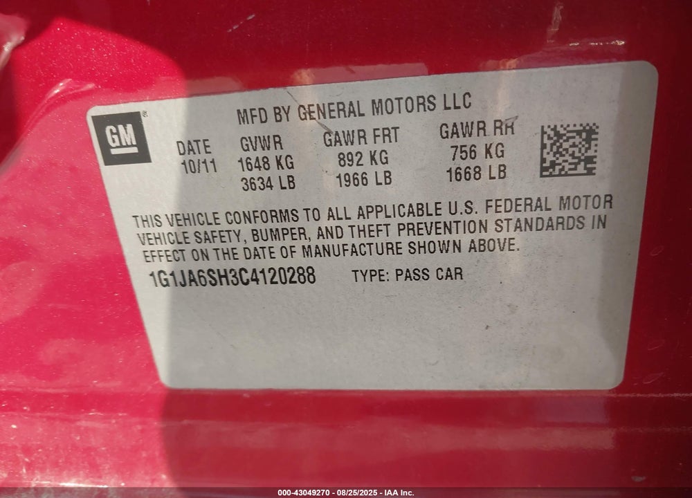 2012 CHEVROLET SONIC VIN: 1G1JA6SH3C4120288