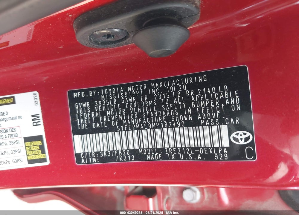 2021 TOYOTA COROLLA VIN: 5YFEPMAE9MP182490