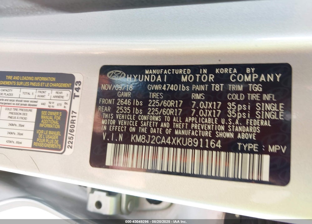 2019 HYUNDAI TUCSON VIN: KM8J2CA4XKU891164