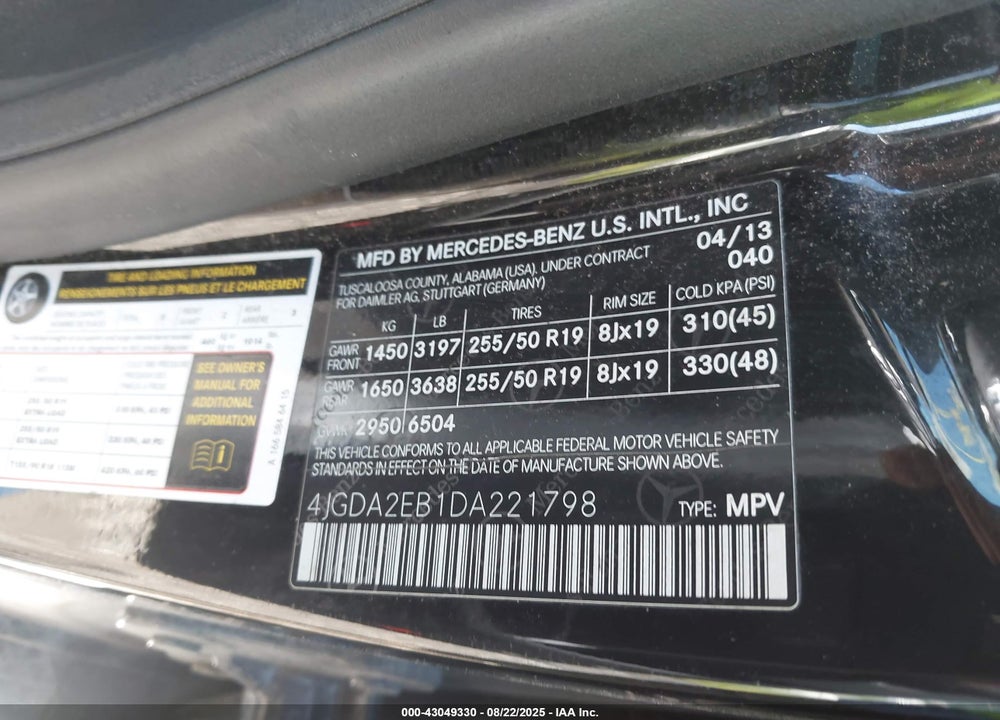 2013 MERCEDES-BENZ ML-CLASS VIN: 4JGDA2EB1DA221798
