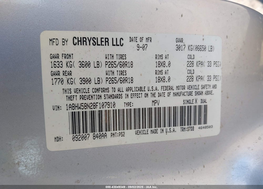 2008 CHRYSLER ASPEN LIMITED VIN: 1A8HW58N28F107910