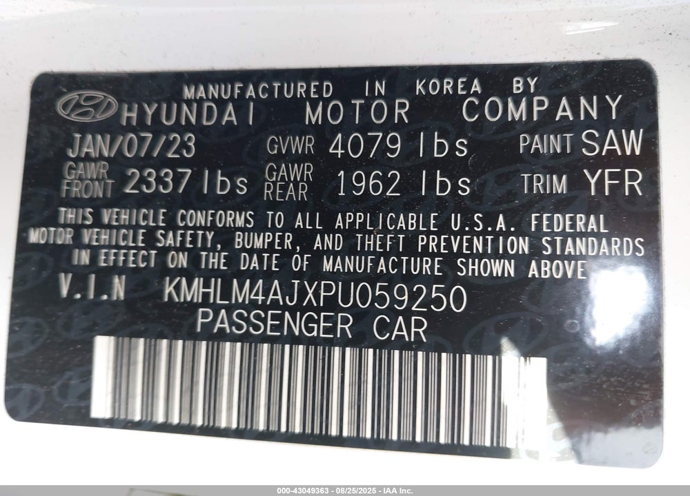 2023 HYUNDAI ELANTRA HYBRID VIN: KMHLM4AJXPU059250