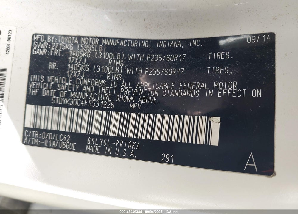 2015 TOYOTA SIENNA XLE PREMIUM 8 PASSENGER VIN: 5TDYK3DC4FS531226