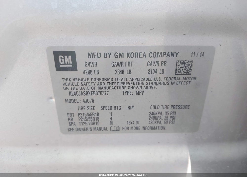 2015 BUICK ENCORE VIN: KL4CJASBXFB076377