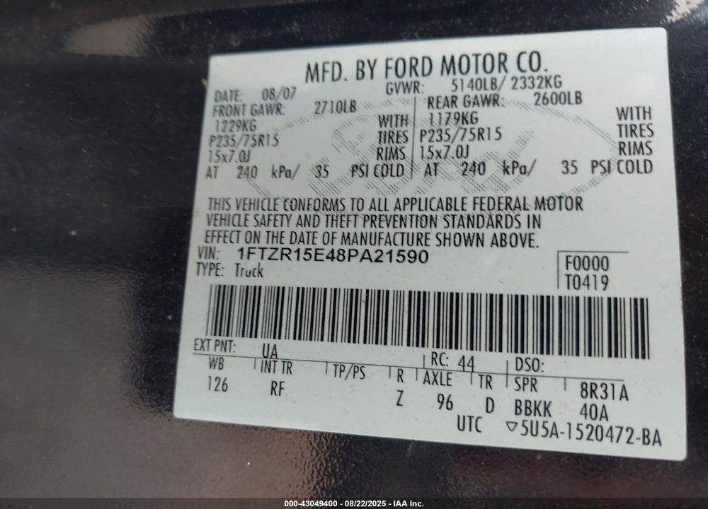 2008 FORD RANGER VIN: 1FTZR15E48PA21590