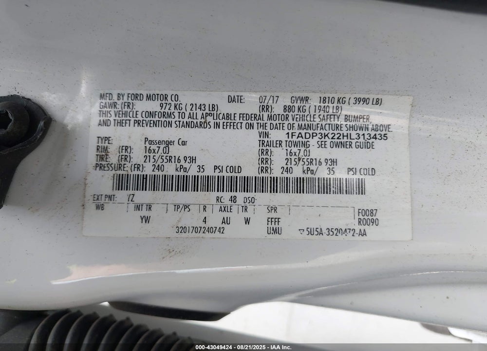 2017 FORD FOCUS SE VIN: 1FADP3K22HL313435