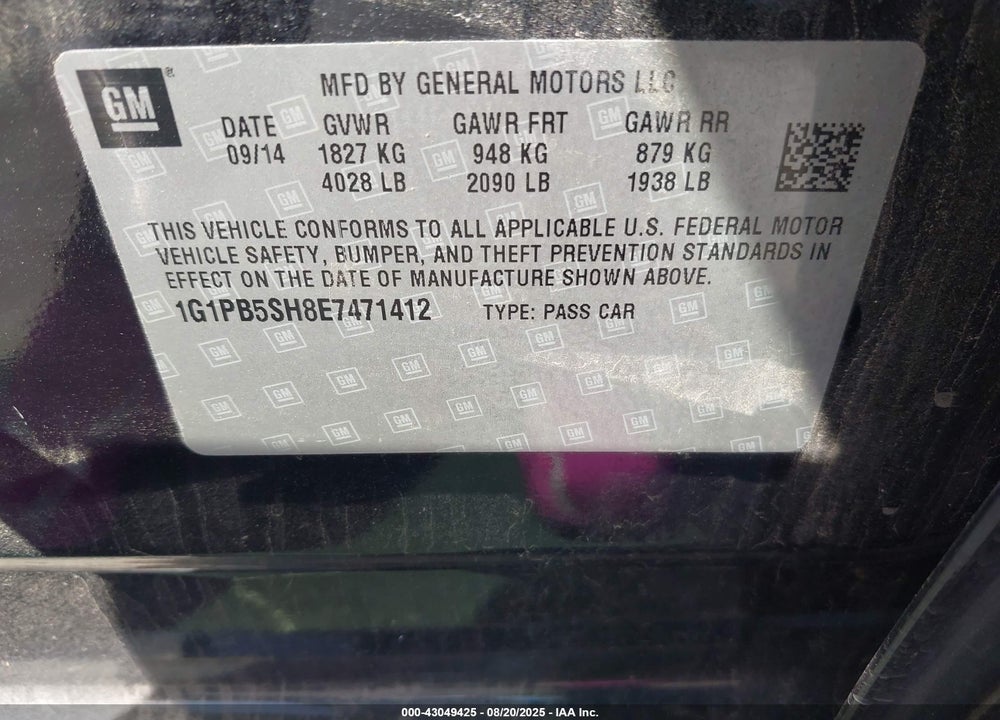 2014 CHEVROLET CRUZE LS MANUAL VIN: 1G1PB5SH8E7471412