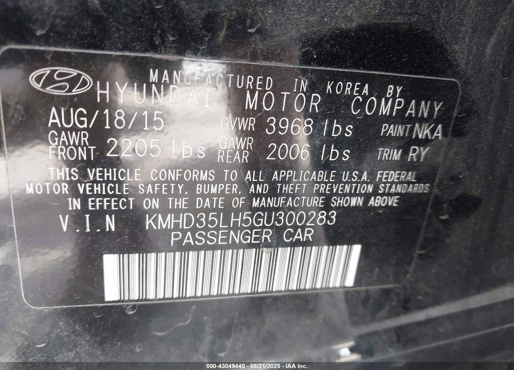 2016 HYUNDAI ELANTRA VIN: KMHD35LH5GU300283