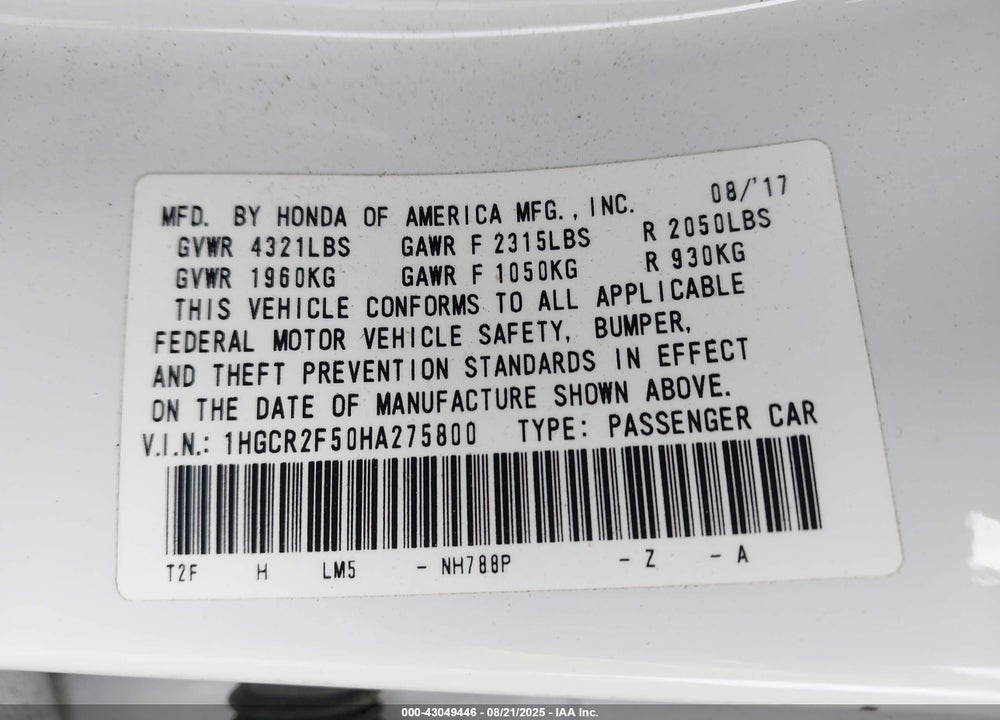 2017 HONDA ACCORD SPORT VIN: 1HGCR2F50HA275800