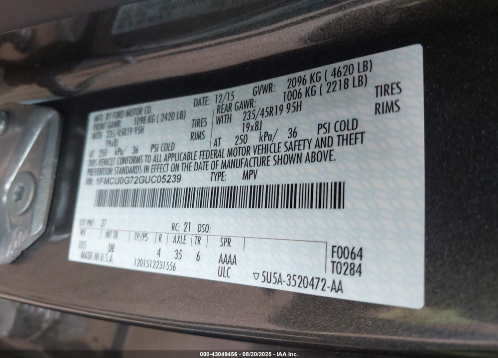 2016 FORD ESCAPE VIN: 1FMCU0G72GUC05239