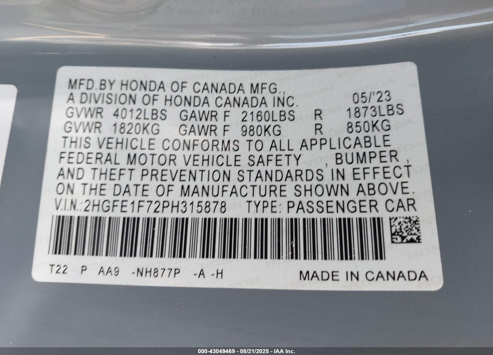 2023 HONDA CIVIC VIN: 2HGFE1F72PH315878