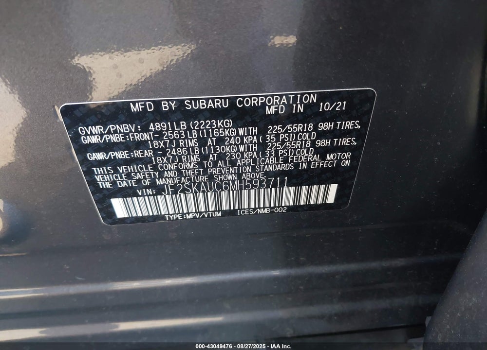 2021 SUBARU FORESTER LIMITED VIN: JF2SKAUC6MH593711
