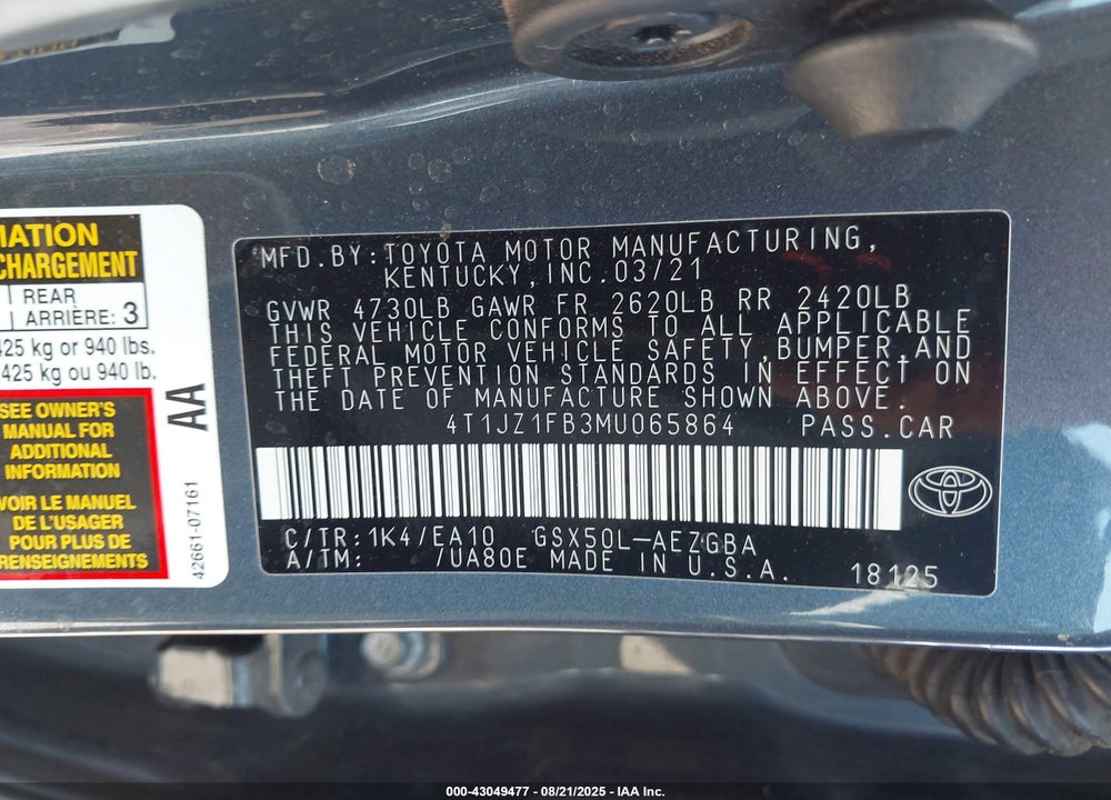 2021 TOYOTA AVALON VIN: 4T1JZ1FB3MU065864