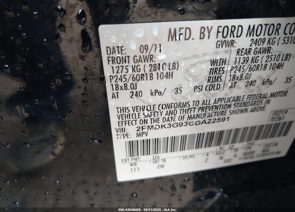 2012 FORD EDGE VIN: 2FMDK3G93CBA22591