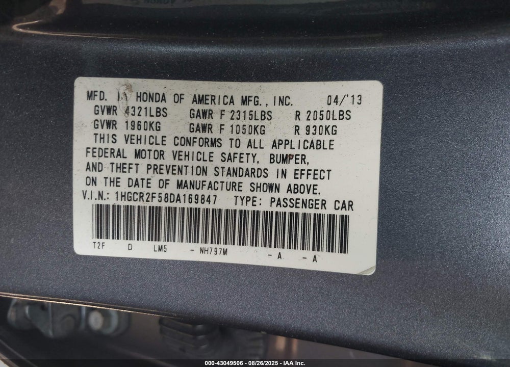2013 HONDA ACCORD VIN: 1HGCR2F58DA169847